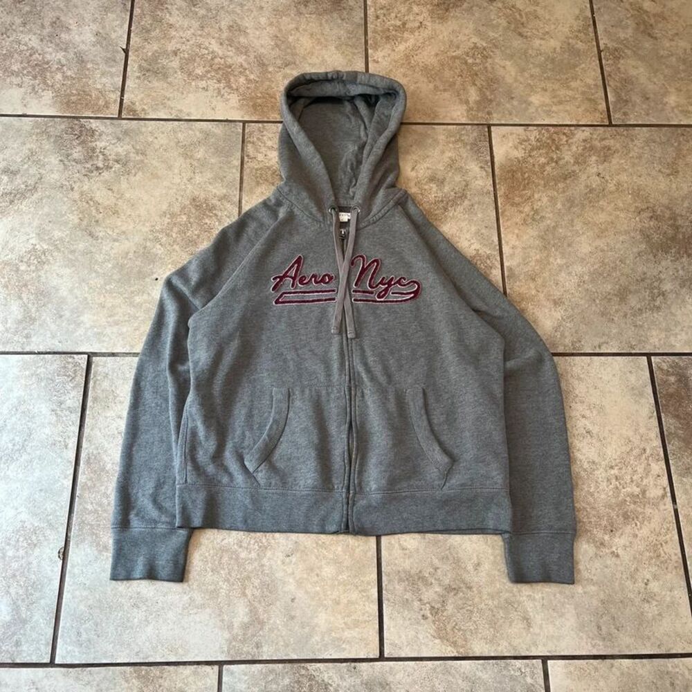 Aeropostale Women's Full Zip Hoodie Heather Grey Maroon Aero Nyc Script Size XL
